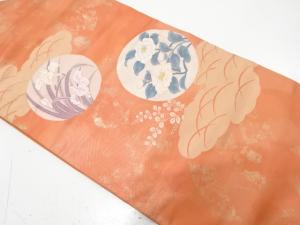 引箔　椿に菖蒲模様織り出し　名古屋帯